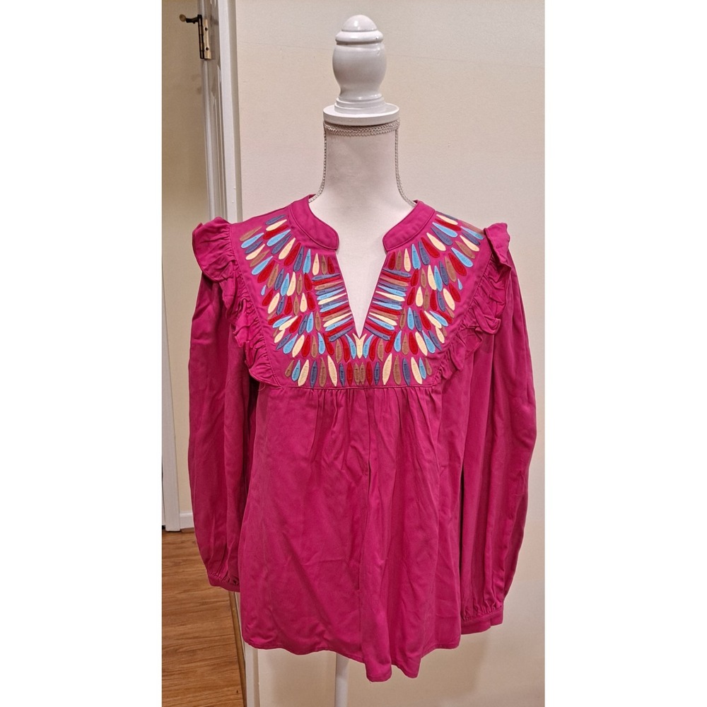 Small Jodifl Hot Pink Boho Embroidered Long Sleeve Babydoll Top